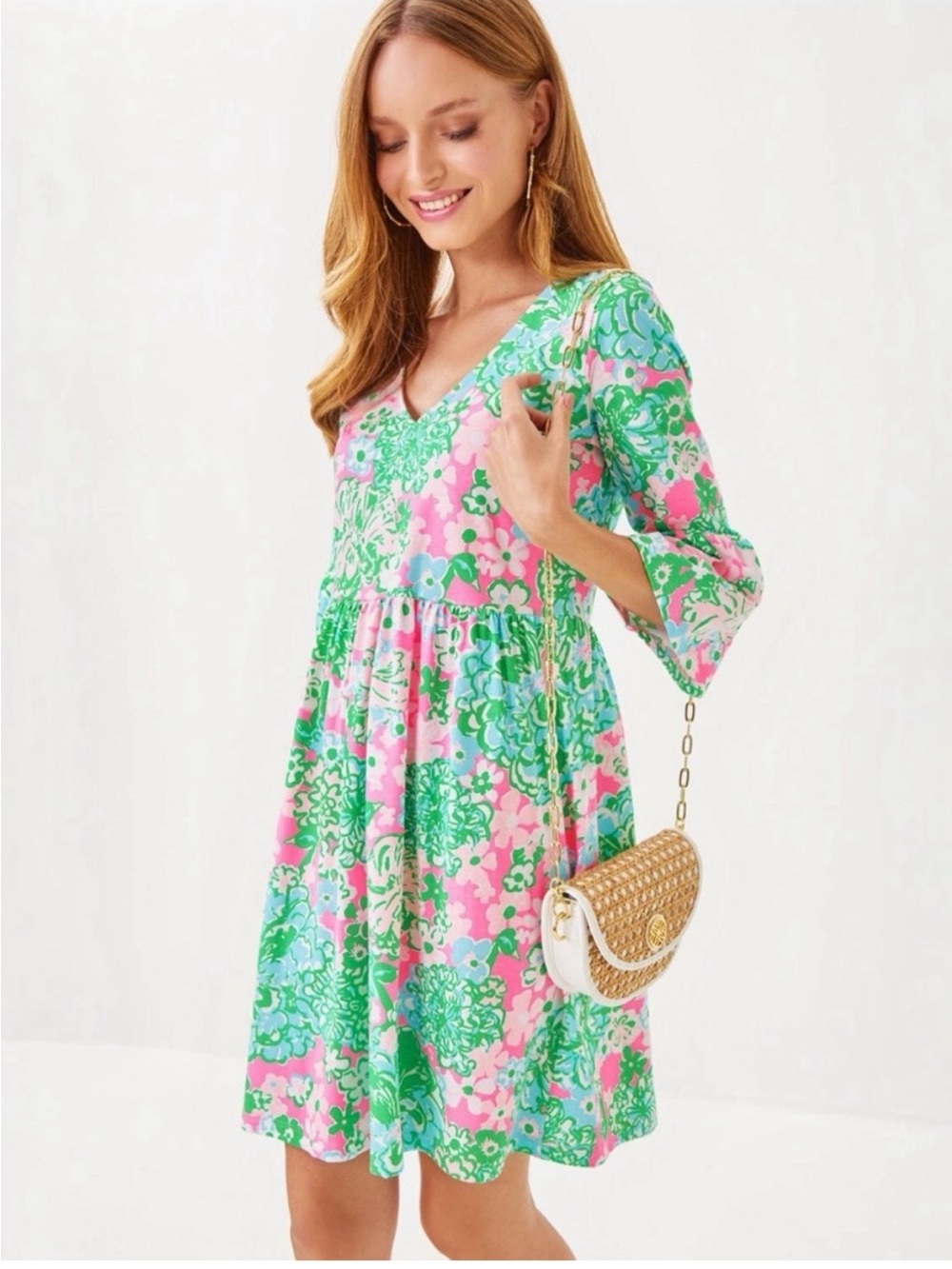 Lilly Pulitzer Pink, Green & Light Blue Floral V-Neck Dress